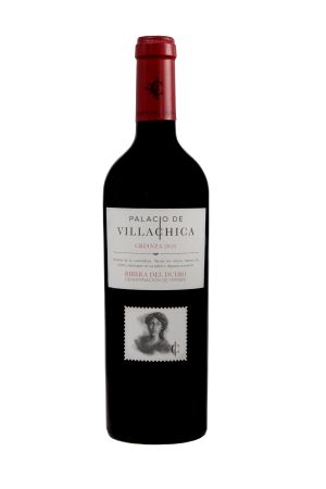 Botella de vino tinto Villachica con tapa roja
